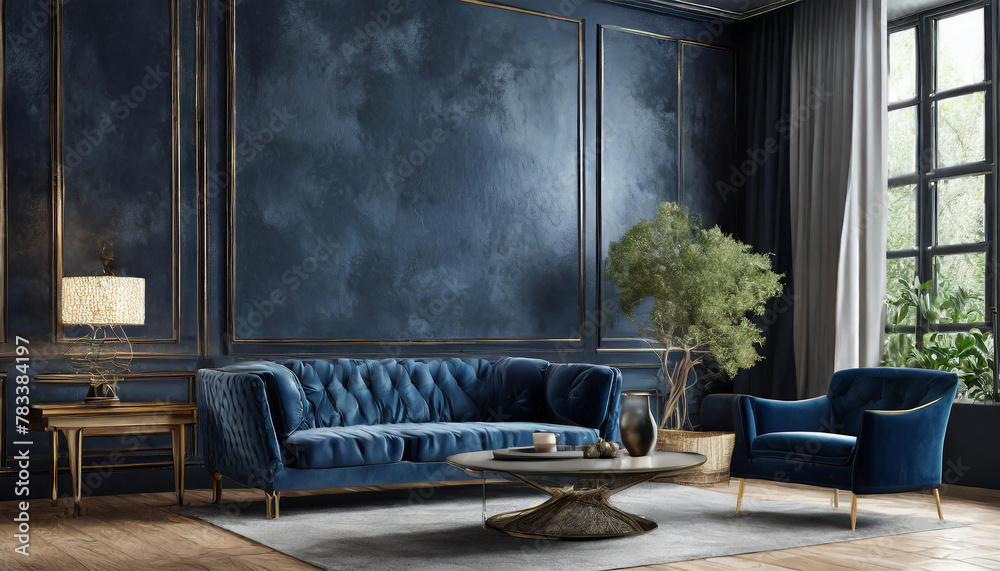 Luxury living room with small blue navy colour couch. Accent empty wall ...