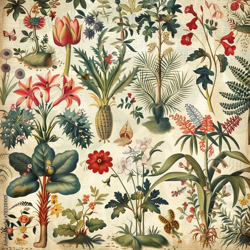 Intricate Garden: A Botanical Tapestry of Blooms,An intricate tapestry of diverse blooms creates a captivating scene in this antique botanical illustration of a vibrant garden. photo