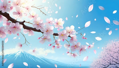 Beautiful cherry blossom petals dance magically and gently against the blue sky  and the sounds of spring blow through with a pleasant breeze.