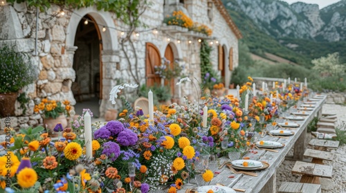  A lengthy table adorned with an array of flowers, before a building decorated with numerous candles and dishes
