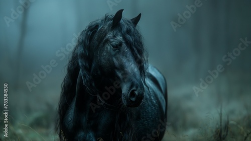 beautiful black horse in the dark gloomy forest.  © Ilona