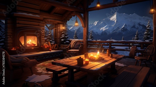 A cozy cabin nestled in a snow-covered valley where AI-generated individuals gather around a warm fireplace  sipping hot cocoa