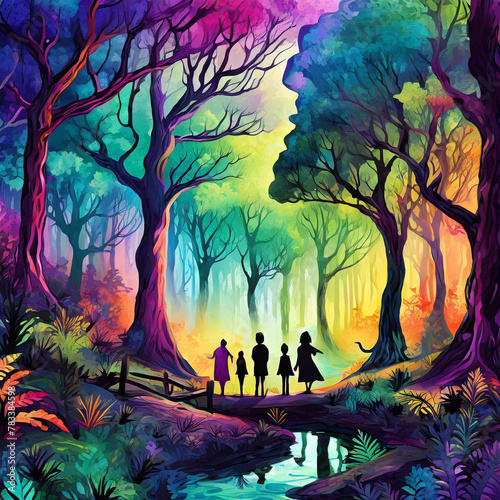 Mystical and colorful forest with silhouetted figures