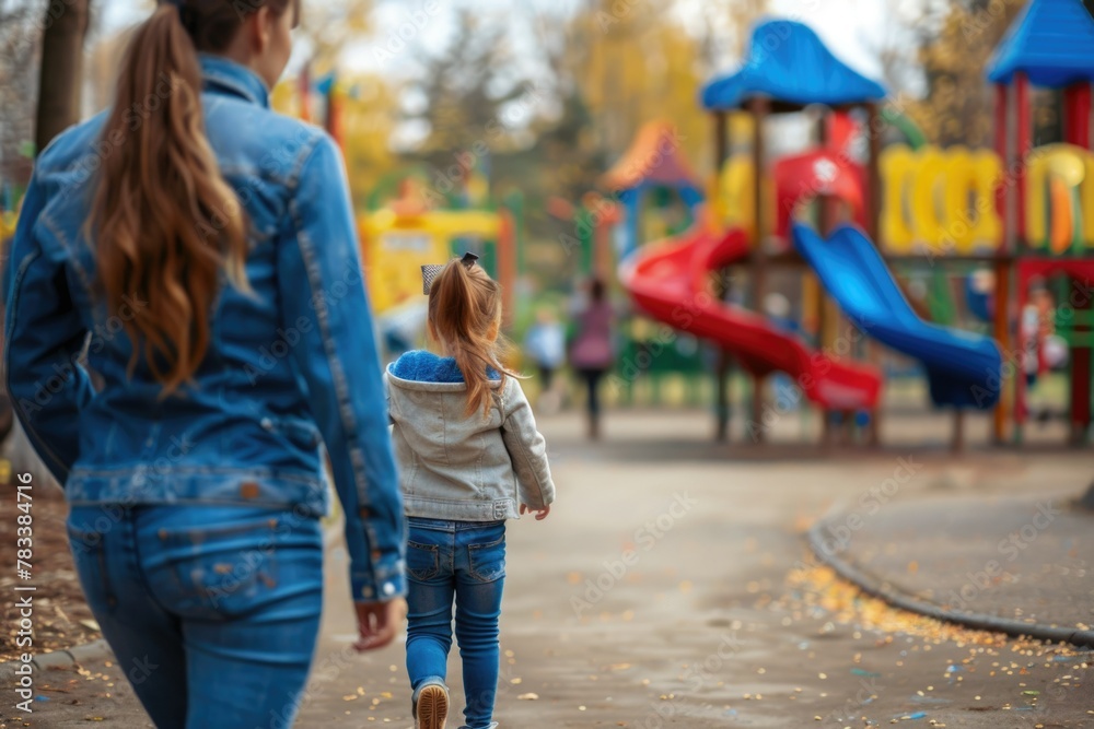 child girl playing on the playground. runs on the sand. parental supervision. walk child girl playing on the playground. runs on the sand. parental supervision. walk