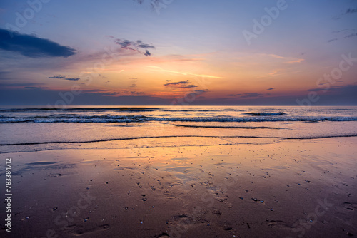 Panoramic beach landscape. Beach seascape horizon. Golden sunset sky, summer mood.