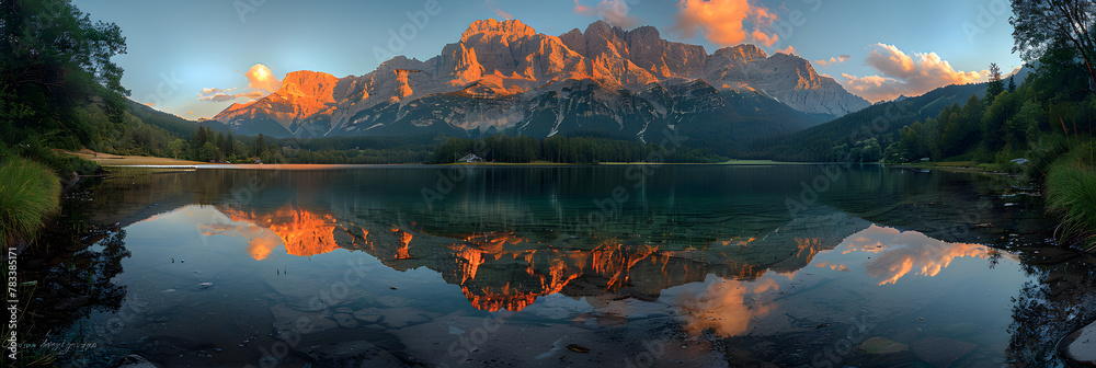 Sunset at a Calm Mountain Lake in Austria ,
Zugspitze mountain view during summer evening Bavarian Alps Bavaria Germany
