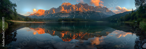 Sunset at a Calm Mountain Lake in Austria , Zugspitze mountain view during summer evening Bavarian Alps Bavaria Germany  © David