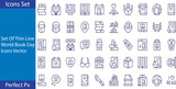 set of  outline web world book day icons such as bookstore, ink, reading, world book day, audio book, fair, basket, best seller vector thin line icons for web design, mobile app.