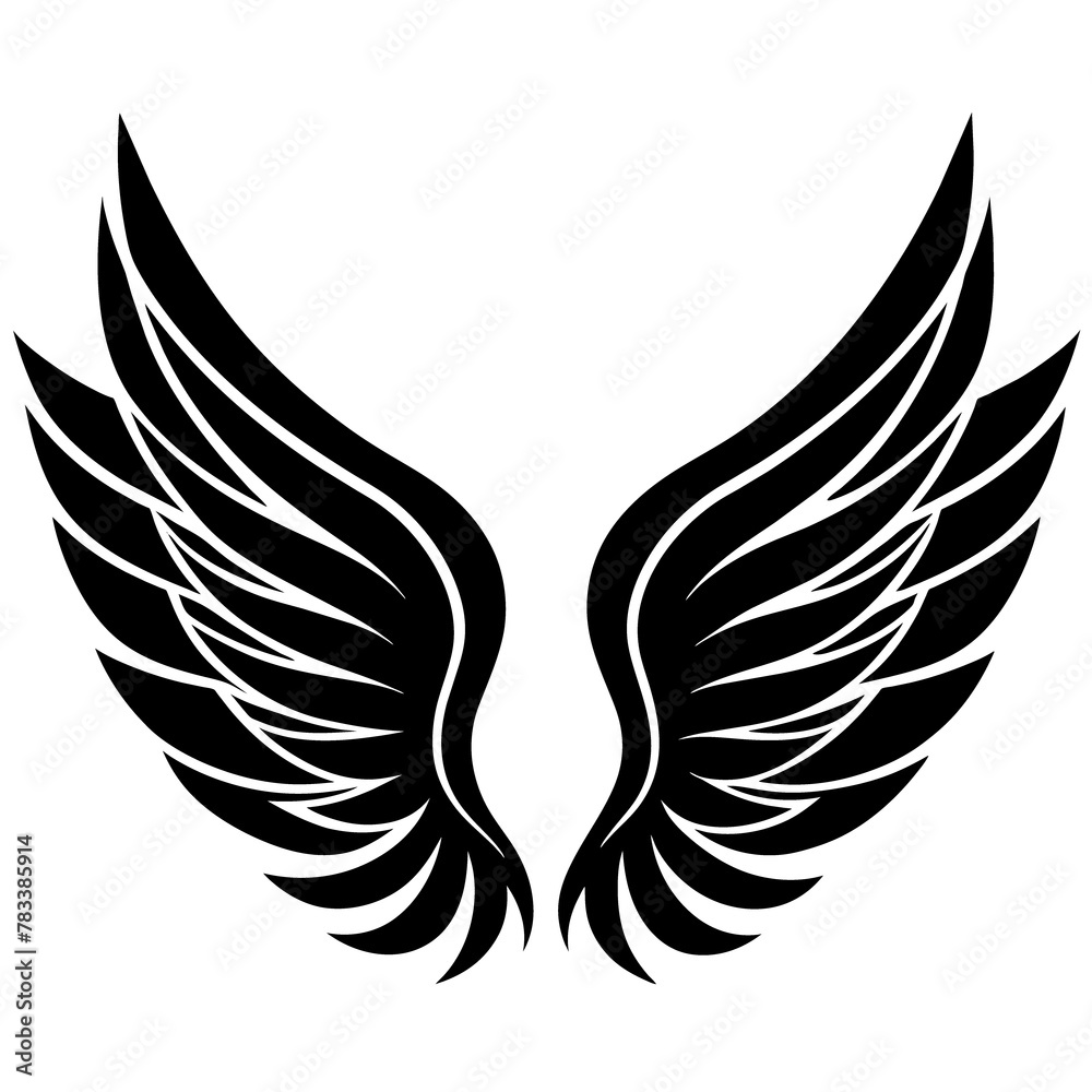 A pair of black wings are depicted against a white background, each consisting of multiple layered feather A pair of black wings are depicted against a white background, each consisting of multiple layered feather