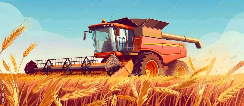 Naklejka premium A red combine harvester in operation within a vast field of wheat under the blue sky