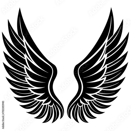 A pair of stylized black wings are depicted against a white  background, each consisting of multiple layered feather