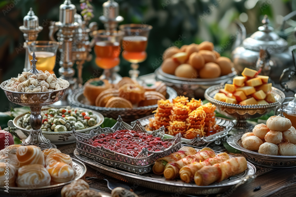 elegant feast table setting with assorted gourmet sweets, pastries and tea