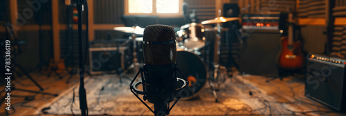 A professional black microphone in a cozy studio, symbolizing musical entertainment.
