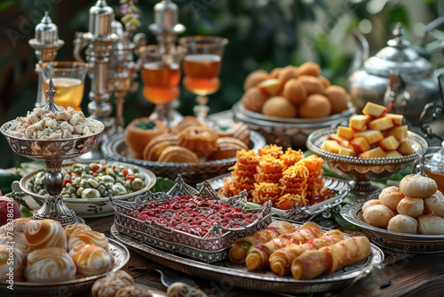 elegant feast table setting with assorted gourmet sweets  pastries and tea