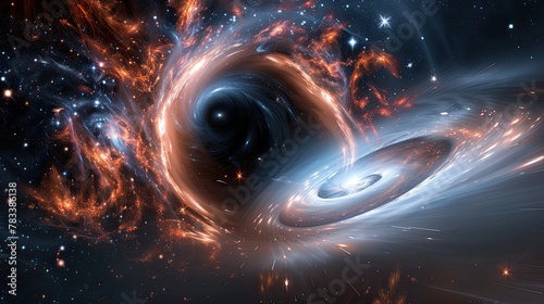 Black hole over star field in outer space, abstract space wallpaper with form of letter O and sparks of light with copy space
