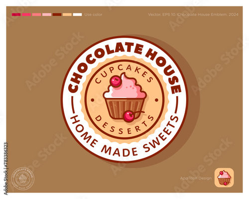 Sweet Shop emblem. Identity. Text and piece of chocolate cake with cherry in wavy circle. Identity. App button.