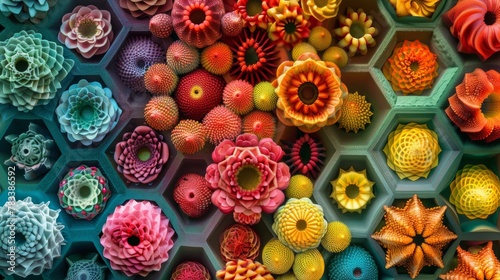 A colorful flower arrangement on a wall with many different colors, AI