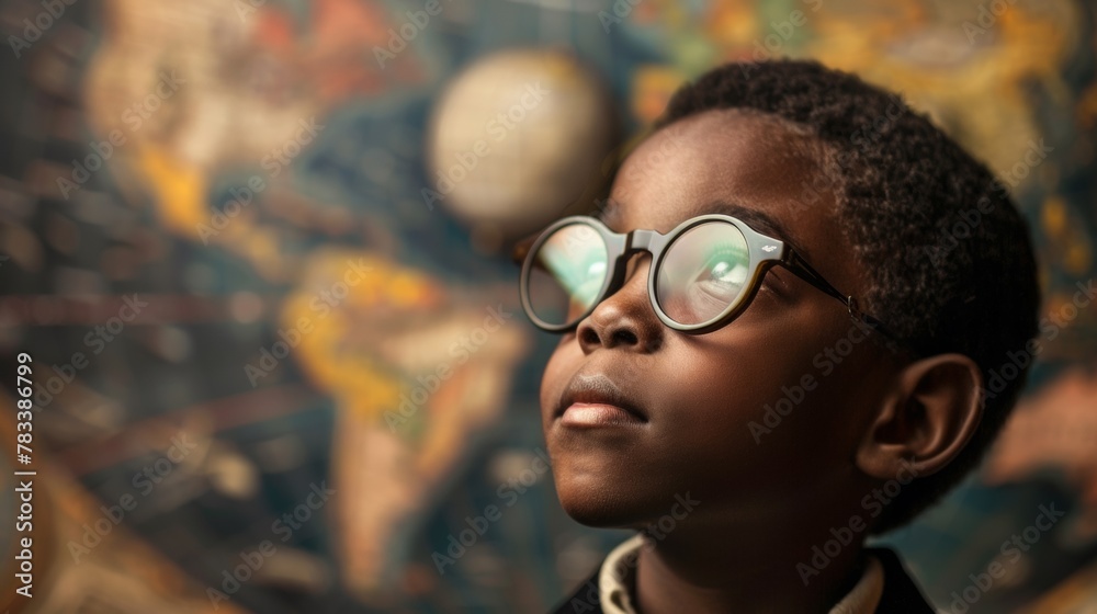 A young boy wearing glasses looking at a world map, AI