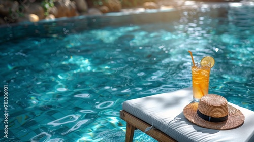 Drink on Wooden Table by Swimming Pool