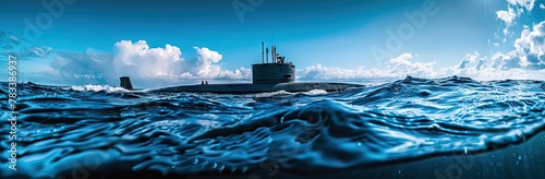 Aerial drone photo of latest technology naval armed forces submarine cruising in deep blue open ocean sea. AI generated illustration photo