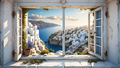 Wallpaper background window with sunset view with warm sunrays on the Mediterranean Sea with coast, city and landscape, like in Italy, Greece, Spain or France