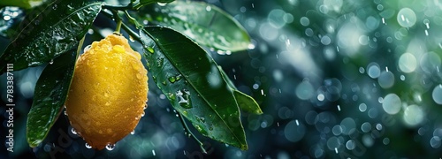 The background is blurred and a close-up of a lemon hanging over green leaves is shown against a dark background with water droplets in an orchard. AI generated illustration