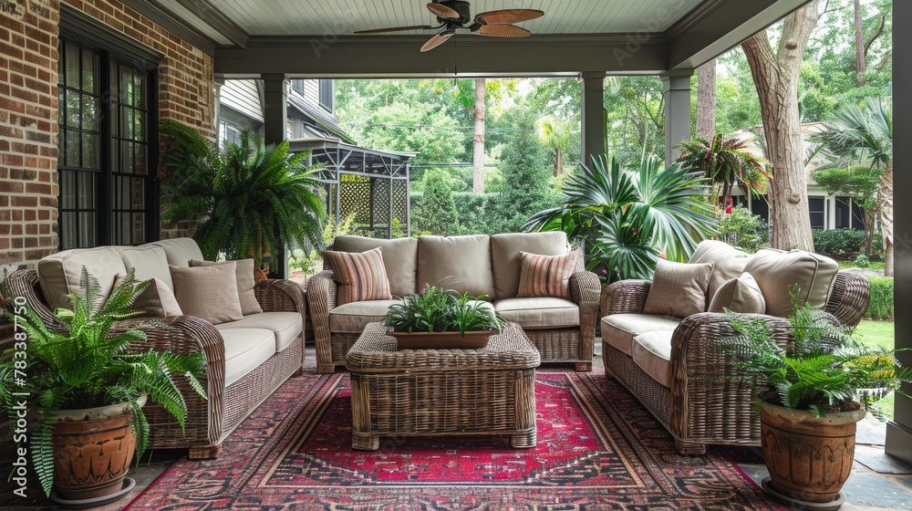 Cozy Patio With Wicker Furniture and Stone Wall Cozy Patio With Wicker Furniture and Stone Wall