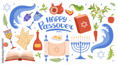 Happy Passover celebration icon set. Jewish holiday Pesach background. Menorah  meal  matzah  wine  torus  Star of David  Elijahs Cup. Waves of the red sea. Vector flat illustration.