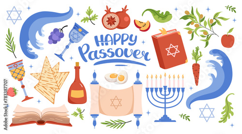Happy Passover celebration icon set. Jewish holiday Pesach background. Menorah, meal, matzah, wine, torus, Star of David, Elijahs Cup. Waves of the red sea. Vector flat illustration.