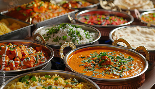 Diverse Cuisine Buffet: A tempting buffet spread showcasing the diverse cuisine of India, with dishes from different regions such as North Indian, South Indian, Mughlai, and coastal delicacies photo