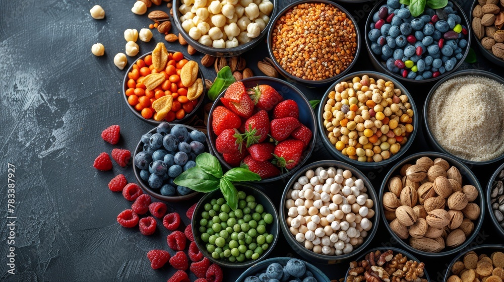 Fototapeta premium Assorted Fruits and Nuts in Colorful Bowls