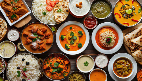 Diverse Cuisine Buffet: A tempting buffet spread showcasing the diverse cuisine of India, with dishes from different regions such as North Indian, South Indian, Mughlai, and coastal delicacies
