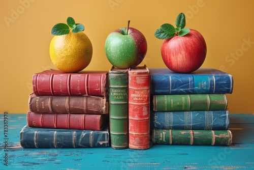 Stack of Books With Apples and Oranges. Generative AI © Lukasz Czajkowski