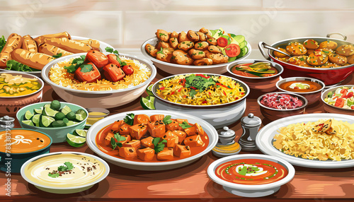 Diverse Cuisine Buffet: A tempting buffet spread showcasing the diverse cuisine of India, with dishes from different regions such as North Indian, South Indian, Mughlai, and coastal delicacies photo