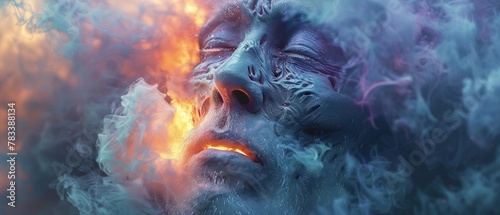 Decomposing face engulfed by a cacophony of chromatic smoke, 3D Abstract Animation photo