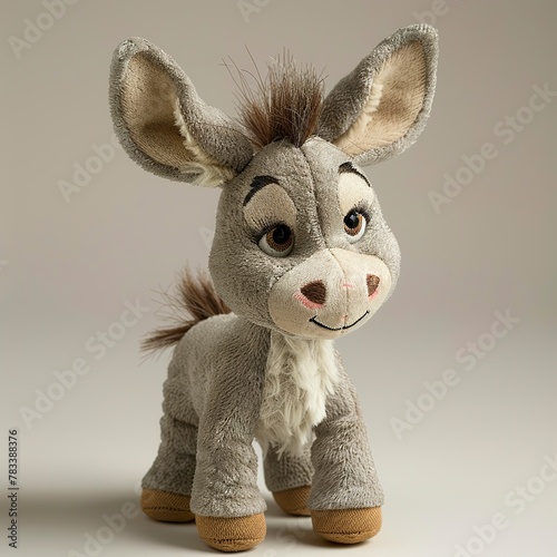 A cute donkey plush toy on a white background emanating an aura of sweetness and innocence. Soft stuffed donkey with a friendly expression.