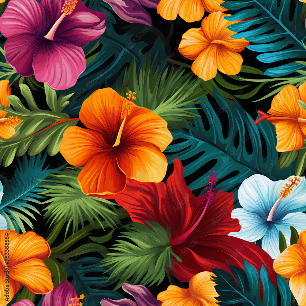  Lush Tropical Hibiscus Garden, Bright Vivid Colors, Exotic Floral Background