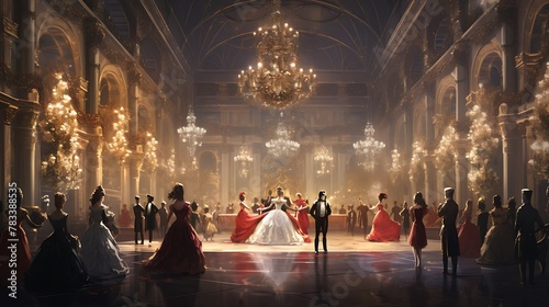 A lively AI-generated masquerade ball taking place in an opulent winter palace, with characters dressed in elaborate costumes