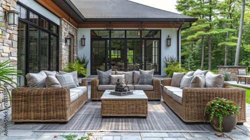 Cozy Patio With Wicker Furniture and Stone Wall