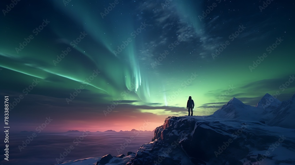 A solitary AI-generated figure standing on a hill, watching the northern lights dance across the winter sky