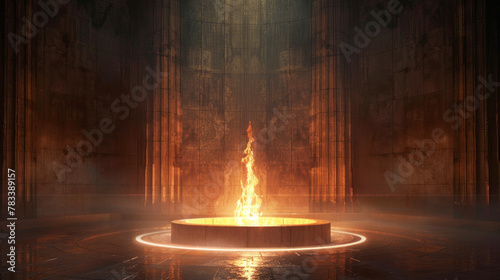 Picture an eternal flame burning brightly at the base of a towering monument dedicated to fallen soldiers.  photo
