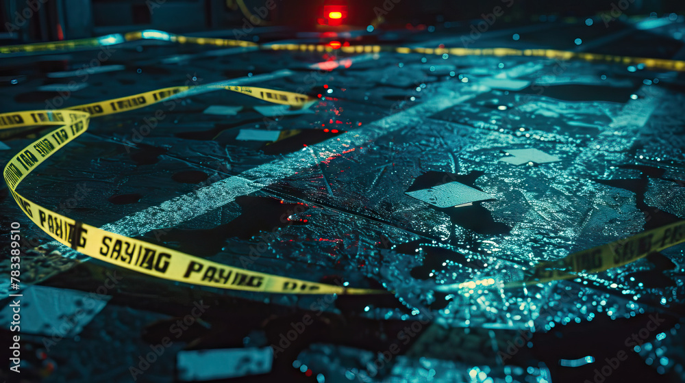 Murder Mystery Crime Scene with Chalk Outline and Police Tape