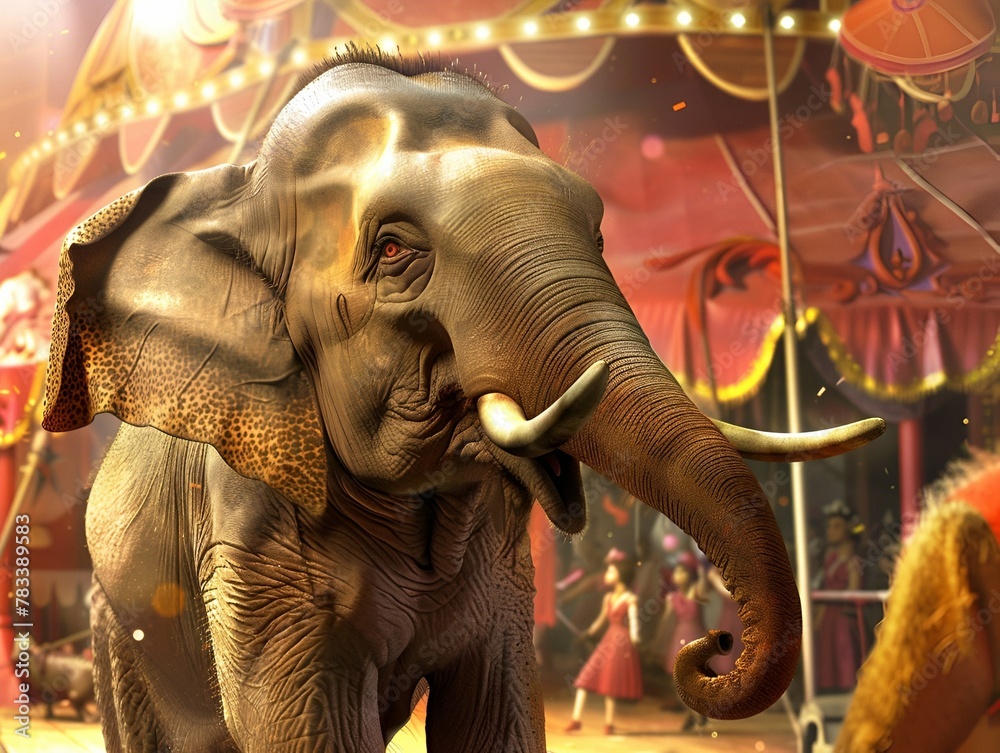 Circus theme with animals, main object is an elephant, surrounding details include circus tent and performer, composition is close-up, lighting is bright