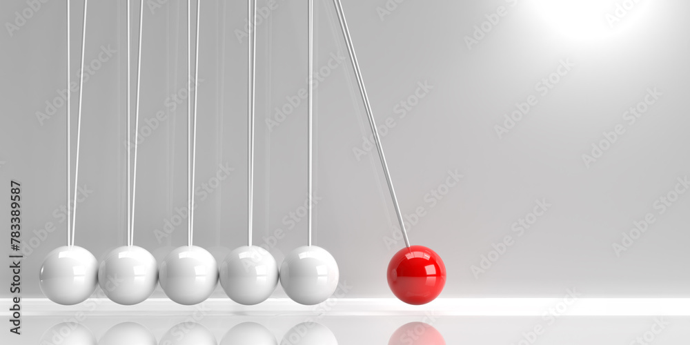 Newton's Cradle with balancing pendulum hanging in line with released red ball. Cause and effect concept on white background with shadows and copy space. 3d rendering realistic design illustration. - obrazy, fototapety, plakaty 
