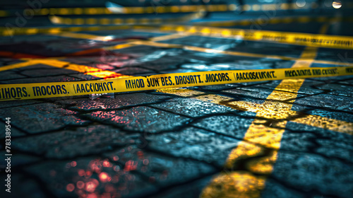 Murder Mystery: Crime Scene with Chalk Outline and Police Tape, Capturing the Aftermath of a Tragic Event, Prompting Viewers to Piece Together the Puzzle photo