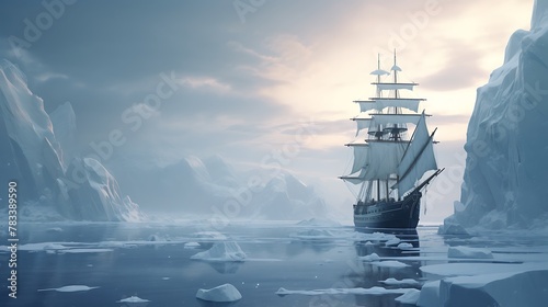 A team of AI-generated explorers sailing to uncharted icy waters, discovering new lands and cultures in a winter expedition that pushes the boundaries of human knowledge