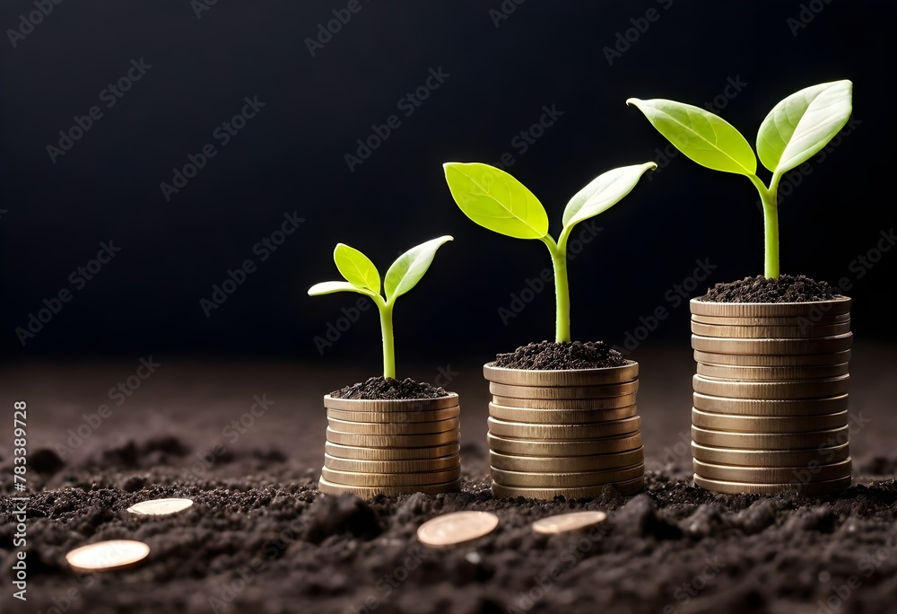 Three mounds of copper coins with delicate sprouts poking through against a graph line background Three mounds of copper coins with delicate sprouts poking through against a graph line background