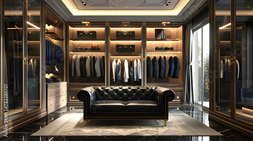 Un negozio di lusso di abbigliamento da uomo con divano in pelle marrone, moda nero pelle divano elegante