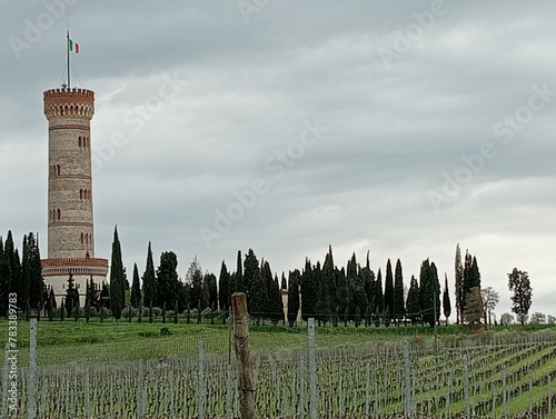 view of vineyards in northern Italy with the famous historic tower of San Martino and Solferino celebrating the third Italian war of independence photo