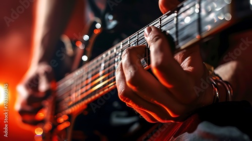 A close-up of a guitar player's fingers sliding down the fretboard, capturing the essence of rock-n-roll music for World Rock-n-roll Day photo